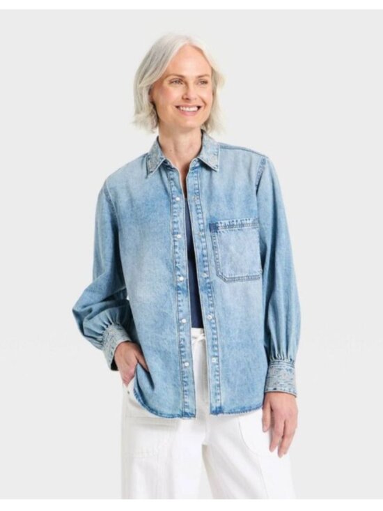 Universal Thread Tops - Universal Thread Denim Chambray Embroidered Pearl Snap Shirt Medium Wash M